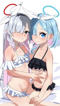 2girls alternate_costume arm_garter arona_(blue_archive) bikini black_bikini black_vs_white blue_archive blue_hair blush braid colored_inner_hair grey_hair groin hair_over_one_eye halo highres loli long_hair looking_at_viewer multicolored_hair multiple_girls navel one_eye_covered pink_hair plana_(blue_archive) ruffle_bikini short_hair single_braid sitting smile sorian66 stomach straight_hair swimsuit two-tone_hair very_long_hair white_bikini