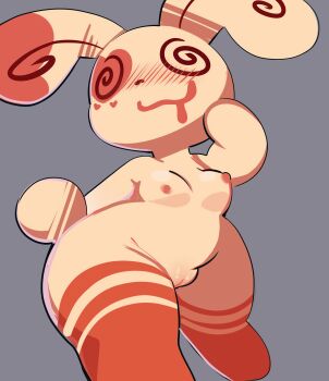 1girl @_@ animal_ears animal_feet animal_hands animal_nose blush breasts chibikemo curvy drooling englam furry furry_female gen_3_pokemon grey_background heart_(symbol) nintendo nipples pokemon pokemon_(creature) pussy rabbit_ears rabbit_girl rabbit_tail small_breasts smile solo spinda tail