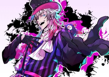 1boy artist_name black_choker black_gloves black_hat blue_eyes choker cloumello coat commentary diamond_choker gavis_bettel gavis_bettel_(1st_costume) gloves grey_hair hat highres holostars holostars_english long_sleeves looking_at_viewer male_focus medium_hair multicolored_coat multicolored_hair open_mouth phantom_(gavis_bettel) purple_coat simple_background smile solo_focus striped_coat top_hat twitter_username upper_body vertical-striped_coat virtual_youtuber white_background