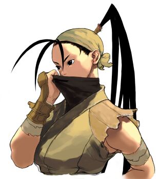 1girl antenna_hair armor bandages bandana black_hair breasts brown_eyes gloves hand_guard high_ponytail highres ibuki_(street_fighter) ikeno_daigo japanese_armor japanese_clothes kote long_hair mask ninja official_art ponytail solo street_fighter street_fighter_iii_(series) torn_clothes upper_body