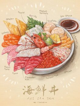 bowl commentary english_commentary fish_(food) food food_focus food_name highres ikura_(food) may_illust5 no_humans omelet original perilla_leaves salmon shrimp soy_sauce squid tuna