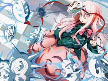 1girl billy_the_puppet expressionless female_focus fox_mask friday_the_13th ghostface hata_no_kokoro hockey_mask jigsaw jojo_no_kimyou_na_bouken long_hair long_sleeves mario_(series) mask monkey_mask nintendo noh_mask oni_mask phanto pink_eyes pink_hair plaid_clothes plaid_shirt sanagi_(diohazard) saw_(movie) scream_(movie) shirt skirt solo stone_mask_(jojo) super_mario_bros._2 the_legend_of_zelda the_legend_of_zelda:_majora's_mask touhou