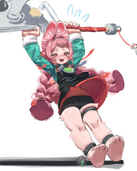 1girl absurdres animal_ears barefoot black_dress black_shorts blush body_fur braid dress highres holding holding_sword holding_weapon long_hair open_mouth pink_fur rabbit_ears rabbit_girl reallycute456 red_eyes short_eyebrows shorts solo sword thigh_strap twin_braids weapon zenless_zone_zero zhao_(zenless_zone_zero)