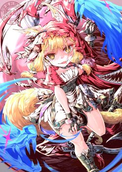 1girl 966982 absurdres animal_ear_fluff animal_ears arknights arknights:_endfield black_boots black_gloves blonde_hair boots cape commentary dress ears_through_headwear fingerless_gloves gloves highres hood hood_up hooded_cape looking_at_viewer low-tied_sidelocks open_mouth red_cape rossi_(arknights) sidelocks smile solo tail white_dress wolf_ears wolf_girl wolf_tail yellow_eyes