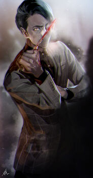 1boy black_background black_hair black_jacket black_shirt black_suit blood bloody_knife bloody_weapon brown_eyes collared_shirt cowboy_shot formal_clothes hand_up highres holding holding_knife holding_weapon jacket judge_eyes knife long_sleeves looking_at_viewer lost_judgment male_focus reverse_grip shin&#039;yuu_(nankou_furaku) shirt short_hair solo souma_kazuki standing suit weapon