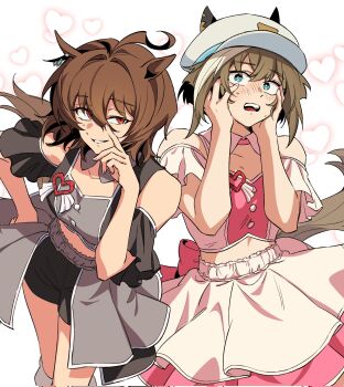 2girls agnes_tachyon_(umamusume) ahoge animal_ear_piercing animal_ears back_bow bare_shoulders black_shirt black_skirt blush bow brooch brown_hair buttons cheval_grand_(umamusume) clothing_cutout collarbone commentary_request corrupted_twitter_file cropped_shirt detached_collar duyu_(guliguli_056) embarrassed eyelashes eyes_visible_through_hair fingernails frilled_skirt frilled_sleeves frills green_eyes grey_shirt grey_skirt grin hair_between_eyes hand_on_own_hip hand_up hands_on_own_face hat heart heart_background heart_brooch high-waist_shorts high-waist_skirt highres horse_ears horse_girl horse_tail index_finger_raised jewelry korean_commentary layered_skirt long_bangs looking_at_viewer medium_hair meni_shuki_rush-sshu! midriff multicolored_hair multicolored_shirt multiple_girls newsboy_cap nose_blush open_mouth overskirt pink_bow pink_shirt pink_skirt red_eyes shirt short_hair short_sleeves shorts shoulder_cutout sideways_glance skirt smile streaked_hair sweat tail teeth two-tone_hair umamusume upper_teeth_only white_background white_hair white_hat white_shirt