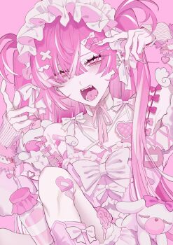 1girl arm_up bandaid bandaid_on_leg bandaid_on_shoulder blush bow fingernails frilled_headwear hair_between_eyes hair_bow hair_ornament hairclip heart heart-shaped_bandaid heart_hair_ornament highres kuroume_(aihikarikuroume24) long_hair open_mouth original piercing pink_background pink_bow pink_eyes pink_hair pink_nails pointing pointing_at_self sharp_fingernails solo tongue tongue_piercing two_side_up white_bow white_headdress x_hair_ornament yami_kawaii