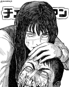 1boy 1girl blood blood_on_face bloodshot_eyes chainsaw_man commentary copyright_name cross_scar facial_scar fourth_east_high_school_uniform hatching_(texture) highres hunched_over monochrome nosebleed scar scar_on_cheek scar_on_face scar_on_nose school_uniform seveninks tanaka_(chainsaw_man) yoru_(chainsaw_man)