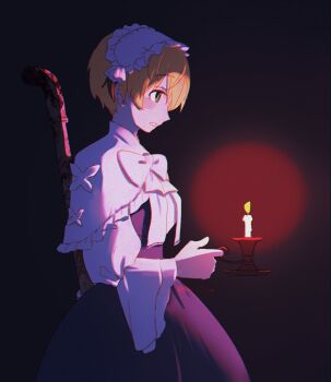 artist_name black_dress black_hair blonde_hair candle capelet cowboy_shot dress fate/grand_order fate_(series) feng_cheng_(kanon91426) frilled_hairband frills from_side gareth_(celebratory_attire)_(fate) gareth_(fate) green_eyes hair_flaps hairband highres holding holding_candle holding_lead_pipe lead_pipe long_sleeves looking_to_the_side multicolored_hair parted_lips two-tone_hair white_capelet white_hairband