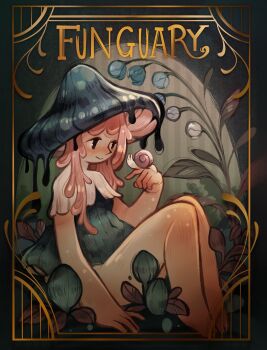 Rule 34 | 1girl, barefoot, blush, closed mouth, covered navel, feefal, flower, full body, funguary, highres, leotard, long hair, mushroom girl, mushroom hat, nose blush, original, pink hair, plant, sitting, snail, solo