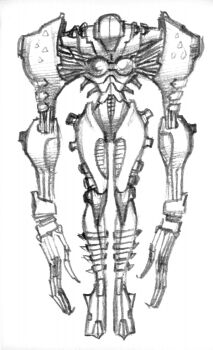 biomechanical biopunk breasts concept_art exposed_muscle full_body game_asset graphite_(medium) greyscale ken_capelli long_arms long_fingers mecha monochrome no_eyes no_humans no_nipples non-web_source official_art prototype_design robot scan science_fiction self-datamine short_hair simple_background sketch slave_zero slave_zero_(mecha) small_breasts solo standing straight-on traditional_media white_background zoom_layer