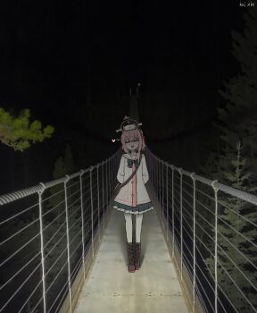 1girl :d absurdres arms_behind_back artist_name bag black_bow black_bowtie black_skirt blue_archive blush boots bow bowtie bridge brown_bag brown_boots cardigan commentary dark full_body half-closed_eyes halo heart highres kai_xin medium_hair miniskirt night open_mouth pantyhose pink_hair pleated_skirt sailor_collar serina_(blue_archive) shoulder_bag skirt smile solo standing symbol-only_commentary tree white_cardigan white_pantyhose white_sailor_collar yellow_halo