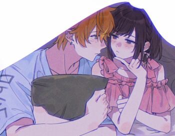 1boy 1girl blanket blonde_streaks blush bow braid brother_and_sister brown_eyes brown_hair choker closed_mouth clothing_cutout collarbone commentary ear_piercing eye_contact finger_to_own_chin frilled_shirt frills hair_between_eyes hair_bow hand_up hashtag-only_commentary hetero implied_incest index_finger_raised looking_at_another lying multicolored_hair on_stomach orange_hair piercing pillow pillow_grab pink_shirt profile project_sekai shared_blanket shinonome_akito shinonome_ena shirt short_hair short_sleeves shoulder_cutout siblings side_braid sidelocks streaked_hair swept_bangs t-shirt u3u0420 under_covers upper_body white_bow white_shirt