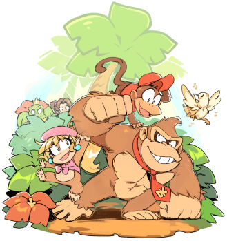 2girls 3boys almightychiru ape banana_bird baseball_cap beret blonde_hair bush cape crown diddy_kong dixie_kong donkey_kong donkey_kong_(series) donkey_kong_bananza donkey_kong_country donkey_kong_country_2 donkey_kong_country_3 earrings flower full_body gorilla grin hat highres jewelry king_k._rool looking_at_another monkey multiple_boys multiple_girls musical_note necktie nintendo open_mouth palm_tree pauline_(mario) pauline_(young)_(mario) ponytail shirt smile t-shirt tied_shirt tree