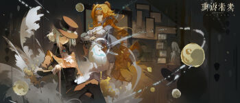 4girls absurdres ascot black_coat black_headwear black_pants brooch bubble bukui_shi_wo cane checkered_hairband chinese_commentary chinese_text coat collared_shirt commentary_request copyright_name crt dress english_text formal_clothes ghost ghost_costume glass_pen gloves green_eyes grey_eyes grey_hair hair_bun hairband hat hiding highres holding holding_cane holding_wand indoors jewelry long_hair long_sleeves looking_at_viewer magic mirror multiple_girls orange_hair pants poltergeist_(reverse:1999) reverse:1999 revision sheet_ghost shirt single_side_bun sitting sonetto_(reverse:1999) stack suit television top_hat ttt_(reverse:1999) two_side_up vertin_(reverse:1999) wand white_ascot white_dress white_shirt