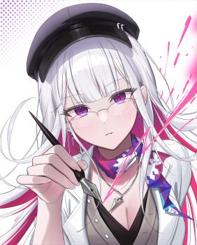 1girl black_hat breasts cleavage colored_inner_hair commentary glasses hat highres holding holding_pen honkai:_star_rail honkai_(series) idasu_(hyun9164) jacket jewelry long_hair looking_at_viewer medium_breasts multicolored_hair necklace nihilux_(honkai:_star_rail) parted_lips pen pink_hair purple_eyes solo upper_body white_hair white_jacket