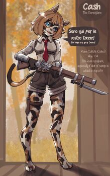 1girl absurdres animal_ears antique_firearm basedbinkie bayonet belt blue_eyes blunderbuss brown_hair cash_(basedbinkie) cat_ears cat_girl cat_tail chivalry_starved collared_shirt commentary doorway dress_shirt english_commentary english_text firearm gun head_tilt highres holding holding_gun holding_weapon italian_text knife knife_sheath necktie original raised_eyebrow red_necktie sheath sheathed shirt short_hair shorts tail talking thigh_strap vambraces weapon