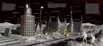 2others absurdres astronaut black_background church crane_(machine) diagram english_text greenhouse highres hill moon multiple_others original railroad_tracks scenery shadow space sunlight train train_station vatican_flag village whaleoil