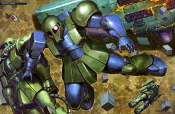 absurdres battle box burning cable carrying container core_fighter damaged debris fleeing glowing glowing_eye gundam gundam_perfect_file highres in_orbit looking_at_viewer machinery mecha mecha_focus mobile_suit mobile_suit_gundam moon official_art one-eyed painting_(medium) realistic robot scan science_fiction shield shoulder_spikes spacecraft spikes starfighter tenjin_hidetaka thrusters traditional_media when_you_see_it zaku_i zaku_ii zeon zero_gravity