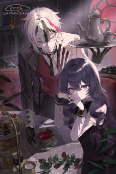 1boy 1girl absurdres black_bow black_gloves black_hair black_jacket black_necktie black_pants book bow cake cake_slice chair closed_eyes closed_mouth collar commission cup food fruit gloves hair_between_eyes highres holding indoors jacket k_hottok long_hair long_sleeves looking_at_viewer multicolored_hair necktie original pants pink_eyes plate red_eyes shirt short_hair sitting smile strawberry streaked_hair table tea teacup teapot tiered_tray tray vest white_hair white_jacket white_shirt