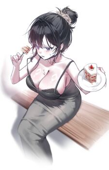 1girl averting_eyes bench black_bra black_hair bowl bra breasts cake cake_slice cleavage commentary cropped_legs dongtan_dress dress earrings food fork from_above fruit gibberish_commentary grey_dress hair_bun hands_up highres holding holding_fork jewelry jiajia_0425 large_breasts on_bench original parted_bangs parted_lips pet_bowl purple_eyes reaching reaching_towards_viewer shiny_skin simple_background single_hair_bun sitting solo strawberry strawberry_cake sweat underwear white_background wooden_bench
