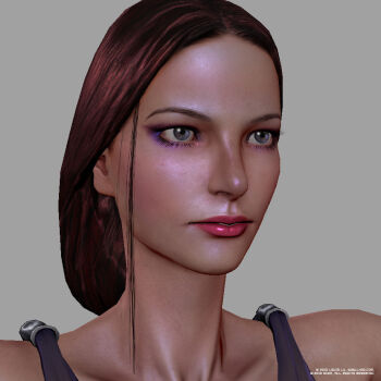 1girl 3d aphrodite_(god_of_war) blue_eyeshadow braid brown_hair dress eyeshadow god_of_war god_of_war_iii lightning lips long_hair looking_to_the_side louis_lu makeup official_art purple_dress purple_eyes single_braid underwear watermark