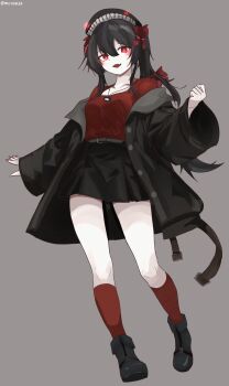 Rule 34 | abyssal ship, black hair, black jacket, black shoes, black skirt, bow, colored skin, commentary request, full body, glowing, glowing eyes, grey background, hair between eyes, hair bow, highres, jacket, kantai collection, long hair, looking at viewer, miron (mirona33), off-shoulder jacket, off shoulder, official alternate costume, open clothes, open jacket, open mouth, pale skin, ra-class destroyer, ra-class destroyer gamma, red bow, red eyes, red shirt, red socks, shirt, shoes, simple background, skirt, socks, white skin