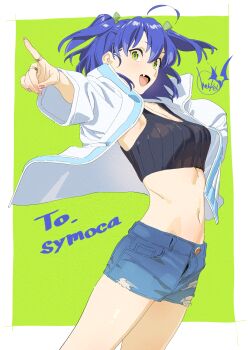 1girl adversarial_noise ahoge artist_logo bare_legs black_sports_bra blue_hair blue_shorts blue_trim border borrowed_character breasts commission commissioner_name cowboy_shot denim denim_shorts double-parted_bangs dynamic_pose fang green_background green_eyes hair_between_eyes henken highres jacket jewelry logo long_sleeves looking_at_viewer medium_breasts midriff multiple_rings nail_polish navel no_shirt open_clothes open_jacket open_mouth original outside_border outstretched_arm pink_nails pointing raised_eyebrows ribbed_bra ring second-party_source short_shorts shorts sideways_glance signature skeb_commission skinny solo sports_bra standing torn_clothes torn_shorts two_side_up white_border white_jacket