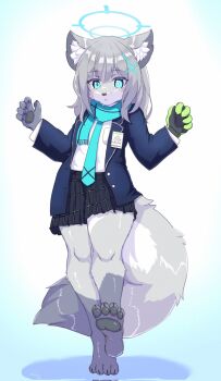 1girl animal_ear_fluff animal_ears blue_archive blue_eyes blue_scarf commentary corrupted_twitter_file full_body furrification furry furry_female grey_hair hair_ornament halo highres jacket necktie ooba_jun scarf school_uniform shiroko_(blue_archive) shirt skirt solo tail wolf_ears