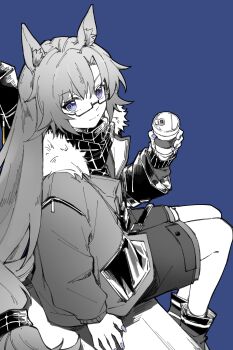 1girl animal_ear_fluff animal_ears arknights blue_background blue_eyes chinese_commentary closed_mouth commentary_request cup diamond-shaped_pupils diamond_(shape) disposable_coffee_cup disposable_cup drink fang_(arknights) fang_(cruciata)_(arknights) fingernails fur-trimmed_jacket fur_trim glasses highres holding holding_drink jacket light_smile long_hair long_sleeves looking_at_viewer nail_polish official_alternate_costume partially_colored piaoliu_ping_ping_ping_pingzi purple_nails scarf semi-rimless_eyewear shorts simple_background sitting solo symbol-shaped_pupils under-rim_eyewear