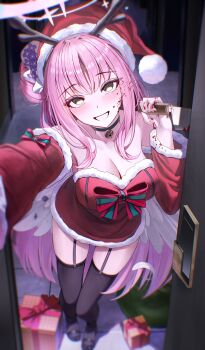 1girl absurdres alternate_costume arch_a4 armpits bell black_choker black_garter_straps black_thighhighs blood blood_in_hair blood_on_clothes blood_on_face blood_on_hands blue_archive blush box breasts choker cleavage commentary_request crazy_smile detached_sleeves doorway dress empty_eyes garter_straps gift gift_box hair_bun halo hat heart highres holding holding_knife kitchen_knife knife large_breasts long_hair looking_at_viewer mika_(blue_archive) neck_bell pink_hair pov pov_doorway red_dress reverse_grip santa_costume santa_hat single_side_bun smile solo strapless strapless_dress thighhighs very_long_hair yandere zettai_ryouiki