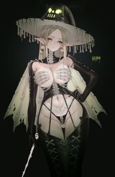 1girl absurdres black_panties blush bone breasts claw_bra cleavage cowboy_shot dishwasher1910 earrings glowing glowing_eyes gluteal_fold grey_eyes grey_hair hand_on_own_hip hat highres holding jewelry large_breasts long_hair looking_at_viewer mole mole_on_crotch mole_under_mouth original panties partially_visible_vulva pointy_ears revealing_clothes simple_background skeletal_hand skull_earrings skull_ornament solo thigh_gap thighs underwear white_background witch_hat zipper zipper_pull_tab