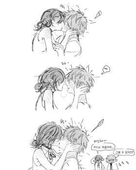 1boy 1girl arm_behind_head blush chainsaw_man choker couple denji_(chainsaw_man) greyscale hair_between_eyes hair_bun hand_on_another&#039;s_cheek hand_on_another&#039;s_face heavy_breathing hetero highres holding_hands kiss korean_text looking_at_another medium_hair monochrome montes4352 neck_ribbon parted_lips reze_(chainsaw_man) ribbon saliva saliva_trail shirt short_hair shoulder_blush sleeveless sleeveless_shirt sweat updo upper_body white_background white_shirt wide-eyed