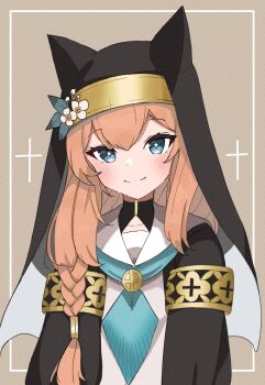 Rule 34 | 1girl, absurdres, animal ear headwear, armband, blue archive, blue eyes, blue neckerchief, blush, braid, brown background, closed mouth, fake animal ears, flower, habit, hair tubes, hat, hat flower, highres, long hair, looking at viewer, mari (blue archive), neckerchief, nun, orange hair, roton3737, sailor collar, single braid, smile, solo, upper body, white sailor collar