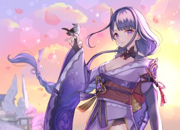 1girl bird bird_on_hand blurry blurry_background braid breasts bridal_gauntlets cherry_blossoms cleavage closed_mouth clothing_cutout cloud cloudy_sky commentary depth_of_field eyeliner falling_petals genshin_impact glowing hair_ornament hair_ribbon japanese_clothes kimono large_breasts light_smile lingerie long_braid looking_at_viewer looking_to_the_side makeup mitsudomoe_(shape) mole mole_under_eye neck_ribbon off_shoulder orange_sky outdoors petals pink_petals purple_eyes purple_kimono purple_ribbon raiden_shogun red_eyeliner red_ribbon red_sash ribbon sash setani_neco shoulder_cutout single_braid sky solo standing sun sunset tomoe_(symbol) underwear upper_body