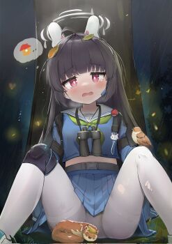 1girl ahoge animal_ears binoculars bird black_hair blue_archive blue_serafuku blue_shirt blue_skirt blush crying fake_animal_ears fake_bunny_ears green_neckerchief grey_halo hair_ornament halo highres imagining knee_pads leaf leaf_hair_ornament leaf_on_head loli long_hair long_sleeves miyu_(blue_archive) neckerchief open_mouth panties panties_under_pantyhose pantyhose rain red_eyes sailor_collar school_uniform senyo_dal_(jinhyun6580) serafuku shirt single_knee_pad skirt solo spread_legs squirrel torn_clothes torn_legwear tree under_tree underwear white_panties white_pantyhose white_sailor_collar