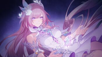 1girl bare_shoulders breasts chinese_commentary commentary_request cyrene_(honkai:_star_rail) cyrene_(ripples_of_past_reverie)_(honkai:_star_rail) diamond-shaped_pupils diamond_(shape) dress earrings flower hair_flower hair_ornament highres honkai:_star_rail honkai_(series) jewelry large_breasts long_hair madyy multicolored_hair pink_hair pointy_ears purple_eyes puzzle_piece smile solo symbol-shaped_pupils thighs two-tone_hair very_long_hair white_dress white_hair