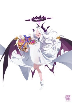 1girl absurdres ahoge black_halo blue_archive breasts demon_girl demon_horns demon_wings feilingdong halloween halo highres hina_(blue_archive) hina_(dress)_(blue_archive) horns long_hair low_wings open_mouth pumpkin simple_background small_breasts smile solo standing tachi-e very_long_hair white_background white_hair wings