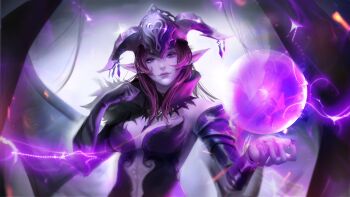 1girl bat_wings black_horns black_wings breasts cleavage closed_mouth commentary commission demon_girl demon_horns english_commentary final_fantasy final_fantasy_xi fingernails highres horn_ornament horns lady_lilith lips long_hair mattikarp medium_breasts nail_polish official_art plunging_neckline pointy_ears red_hair sharp_fingernails smile solo wings