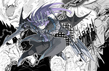 1girl 3others angry axe battle_axe black_gloves black_pants black_wings blot_plot blue_eyes capelet chain commentary_request creature dress fighting_stance floating_hair full_body gloves grey_dress holding holding_axe holding_weapon jemiru_(kankan33333) jewelry kankan33333 long_hair monochrome_background monster multiple_others original pants pendant purple_hair tiara weapon wings