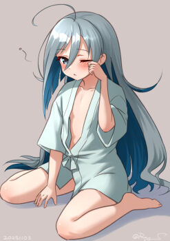 1girl ahoge barefoot blush collarbone commentary_request dated grey_background grey_eyes grey_hair hair_between_eyes hair_undone kantai_collection kiyoshimo_(kancolle) long_hair looking_at_viewer naked_shirt one-hour_drawing_challenge one_eye_closed open_mouth ray.s shirt simple_background sitting solo twitter_username very_long_hair wariza