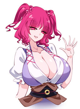 1girl blue_vest breasts cleavage collarbone commentary hand_up highres large_breasts looking_at_viewer medium_hair onozuka_komachi parted_lips raptor7 red_eyes red_hair shirt short_sleeves smile solo symbol-only_commentary touhou two_side_up upper_body vest white_background white_shirt