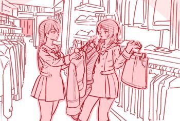 2girls bang_dream! bang_dream!_it&#039;s_mygo!!!!! blush clothes_shop dress eoljukko hanasakigawa_school_uniform highres holding holding_unworn_clothes holding_unworn_jacket holding_unworn_skirt long_hair looking_at_another monochrome multiple_girls open_mouth pink_theme sailor_dress school_uniform shiina_taki shopping skirt unworn_skirt yahata_umiri