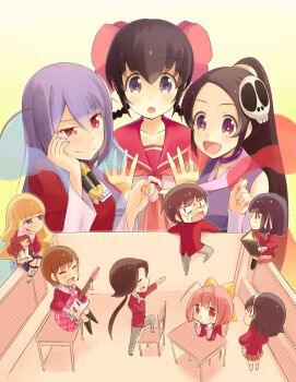 Rule 34 | 1boy, 6+girls, antenna hair, ayukawa tenri, bad id, bad pixiv id, black hair, blonde hair, blue eyes, book, bow, braid, brown eyes, brown hair, choker, crossdressing, doll, elysia de lute ima, glasses, goidou yui, guitar, hair bow, hair ornament, hair ribbon, hairband, hairclip, haqua d'rot herminium, instrument, kami nomi zo shiru sekai, katsuragi keima, kosaka chihiro, kujou tsukiyo, long hair, luna (kaminomi), multiple girls, nakagawa kanon, open mouth, pink eyes, pink hair, ponytail, purple eyes, purple hair, red eyes, reverse trap, ribbon, room, school uniform, serafuku, shiomiya shiori, short hair, skirt, skull hair ornament, smile, sweatdrop, takahara ayumi, taoru