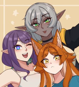 3girls :< ajeng_(mawaridi) animal animal_ear_fluff animal_ears animal_on_shoulder black_choker blue_eyes choker commentary dark-skinned_female dark_elf dark_skin elf frog green_eyes grey_hair hair_between_eyes height_difference highres long_hair mawaridi multiple_girls one_eye_covered open_clothes orange_hair original pointy_ears purple_hair short_hair smile teeth tongue tongue_out upper_teeth_only yellow_eyes yvonne_(mawaridi)