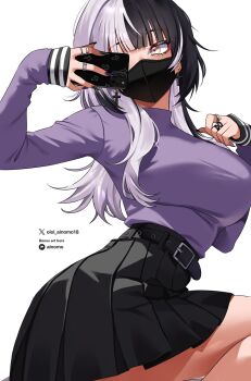 1girl alternate_costume black_hair black_mask black_nails black_skirt blunt_bangs breasts cellphone commentary cross cross_earrings earrings grey_hair hands_up highres holding holding_phone hololive hololive_english jewelry large_breasts long_hair long_sleeves mask miniskirt mouth_mask multicolored_hair multicolored_nails multiple_rings oioi_ainomo paid_reward_available phone pleated_skirt purple_nails purple_shirt ring selfie shiori_novella shirt shirt_tucked_in sidelocks skirt sleeves_past_wrists smartphone solo split-color_hair symbol-only_commentary virtual_youtuber yellow_eyes