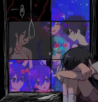 2girls 5boys :d ^_^ ankle_socks antenna_hair aubrey_(headspace)_(omori) aubrey_(omori) bare_shoulders basil_(headspace)_(omori) basil_(omori) black_hair black_mouth black_shirt black_sweater_vest blue_eyes blue_hair blue_overalls blue_sky bow brother_and_sister brothers brown_shorts chinese_commentary clenched_hands closed_eyes closed_mouth colored_skin commentary_request covered_face crossed_arms crossed_bangs double-parted_bangs dual_persona empty_eyes english_text feet_out_of_frame flower flower_wreath grey_shirt hair_between_eyes hair_bow hands_up head_wreath highres indoors kel_(headspace)_(omori) kel_(omori) knife long_hair looking_at_viewer looking_back mari_(faraway)_(omori) mari_(headspace)_(omori) mari_(omori) multiple_boys multiple_girls no_pupils noose omori omori_(omori) omosun666 open_mouth overalls own_hands_together pink_bow pink_flower pink_rose pinstripe_pattern pinstripe_shirt profile purple_eyes purple_flower purple_hair red_flower revealing_layer rose shirt short_hair short_sleeves shorts siblings sideways_glance simple_background sitting sky sleeveless sleeveless_shirt smile socks something_(omori) sparkle stranger_(omori) sunny_(omori) sweater_vest upper_body very_short_hair white_shirt white_skin white_socks window