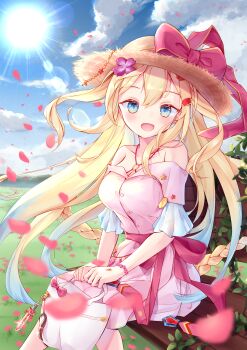 Rule 34 | 1girl, absurdres, bag, bare shoulders, battle spirits, blonde hair, blue eyes, blue hair, blue sky, bow, bracelet, braid, breasts, charm (object), cleavage, cloud, cloudy sky, commentary, flower, gradient hair, hair flower, hair ornament, hand jewel, hat, hat bow, haundo b, highres, holding, holding bag, jewelry, large breasts, looking at viewer, multicolored hair, off-shoulder shirt, off shoulder, on bench, open mouth, outdoors, petals, pink shirt, pink skirt, red bow, red petals, rei ooba, shirt, sitting, skirt, sky, solo, straw hat, sun, untranslatable commentary, waist bow, white bag