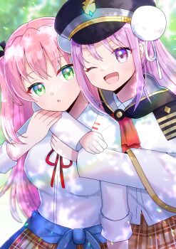 Rule 34 | 2girls, :o, ;d, aikawa megumi, arms around neck, black hat, black ribbon, blurry, blurry background, brown skirt, capelet, collared shirt, commentary request, commission, depth of field, dress shirt, green eyes, hair ribbon, hat, heaven burns red, highres, hug, hug from behind, kou hiyoyo, kunimi tama, long hair, long sleeves, multiple girls, neck ribbon, one eye closed, open mouth, parted lips, peaked cap, pink hair, plaid clothes, plaid skirt, pleated skirt, purple eyes, purple hair, red ribbon, ribbon, shirt, skeb commission, skirt, smile, two side up, very long hair, white capelet, white shirt