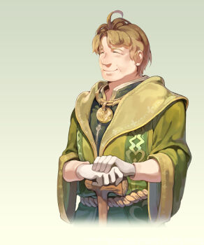 ahoge belt big_nose brown_belt brown_hair caesty cane cloak closed_eyes closed_mouth commentary_request curtained_hair dated_commentary gloves gold_necklace green_background green_cloak green_sleeves green_theme holding holding_cane jewelry korean_commentary necklace nexon official_art old old_man patrice production_art rope_belt short_hair simple_background smile stole tales_weaver white_gloves wide_sleeves